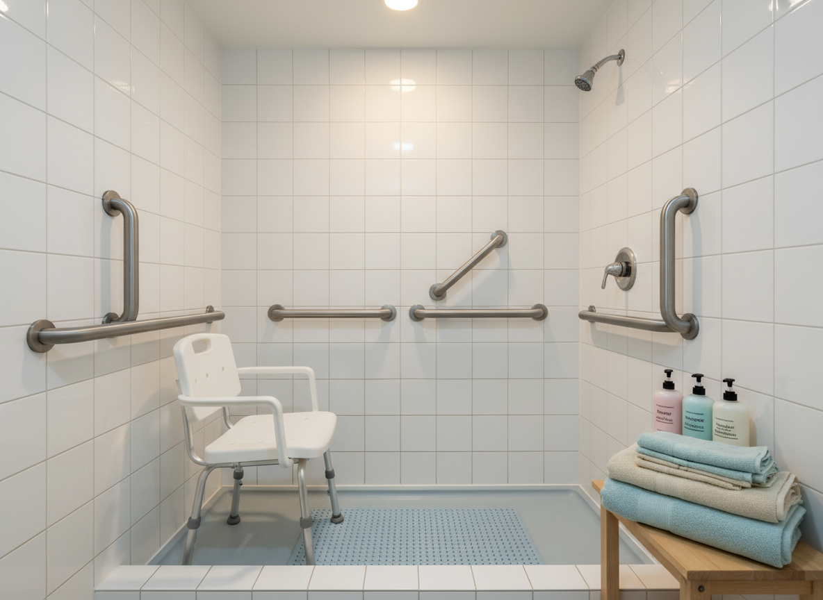 A cozy, accessible bathroom in a senior’s home, featuring a walk-in shower with a sturdy white shower chair, stainless steel grab bars, and a non-slip textured mat. A neatly folded stack of soft, pastel-colored towels rests on a small wooden stool, beside labeled gentle cleansing products arranged in a row. Warm, even lighting from recessed ceiling lights softly reflects off the clean white tiles, creating a bright, hygienic feel. Photographic realism from an eye-level perspective captures the entire layout with sharp focus, emphasizing thoughtful safety modifications and comfort. The atmosphere feels secure, dignified, and well-planned, visually representing how nurse-led home care supports safe, independent living without including any people.