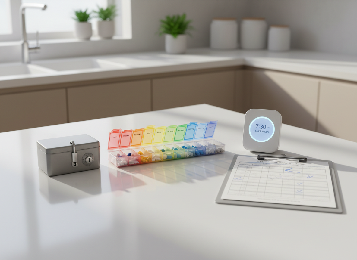 A tidy medication management station on a smooth white kitchen counter in a senior’s home, featuring a large, clearly labeled weekly pill organizer with colorful compartments, a small locked medication box, and a printed medication schedule on a clipboard with checkboxes. A digital pill reminder device with a softly glowing screen sits nearby. Diffused morning light from a nearby window creates soft highlights on the plastic organizer and casts delicate, orderly shadows. The background shows a simple, out-of-focus kitchen with neutral cabinetry, keeping focus on the medication system. Shot in photographic realism at a slightly elevated angle, the mood is calm, safe, and meticulously organized, reflecting dependable home support and clinical oversight without any human presence.